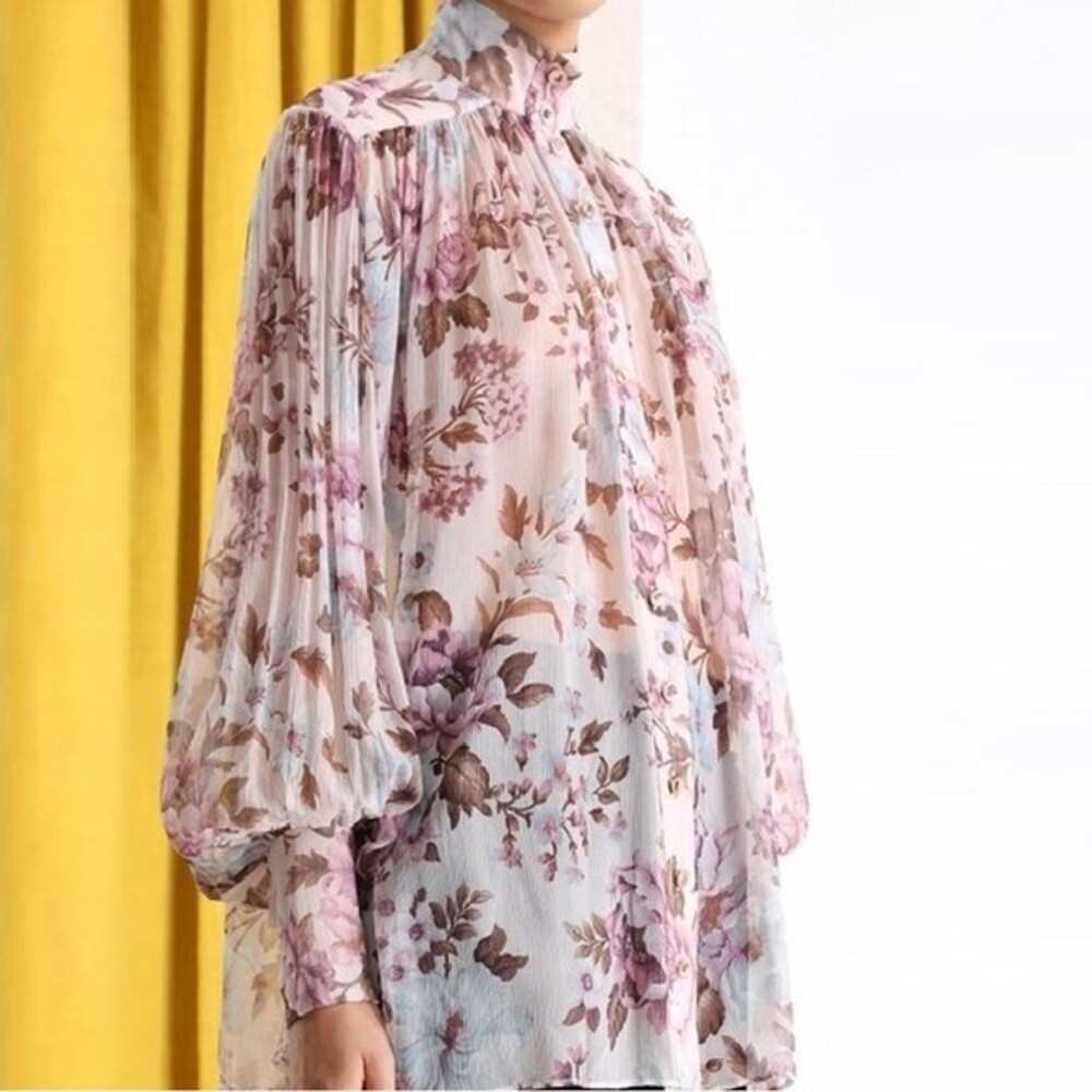 Zimmermann Charm Lantern Blouse Lilac Floral Pink Size 0 XS